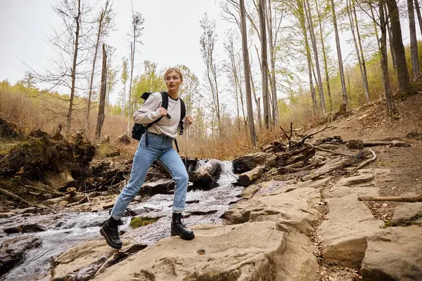 Joven senderista rubia vistiendo suéter y jeans cruzando el arroyo del bosque caminando en bosques - foto de stock