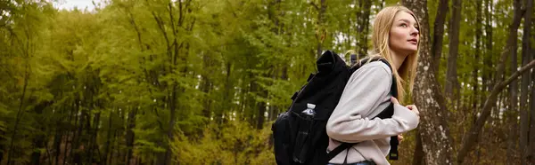 Вид сбоку туристки с рюкзаком на пешеходной дорожке в осеннем лесу, баннер — стоковое фото
