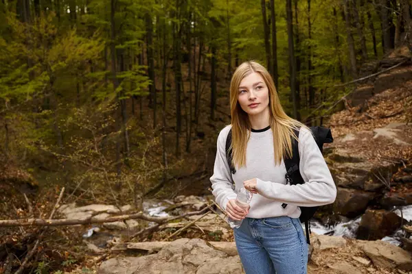 Pretty blonde female hiker wearing sweater and jeans crossing the forest creek walking in woods — Stock Photo