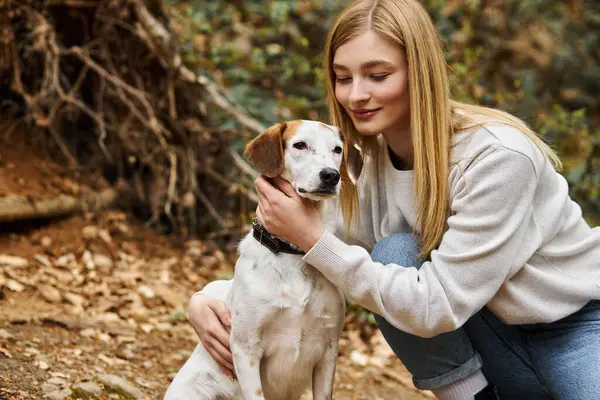 Mujer sonriente abrazando suavemente a su compañero de perro y mirando a su mascota mientras camina en el bosque - foto de stock