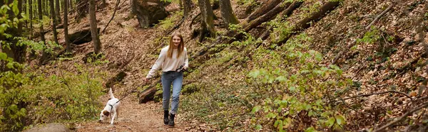 Jeune femme souriante en pull et jean chien de promenade en laisse dans le sentier forestier en randonnée, bannière — Photo de stock
