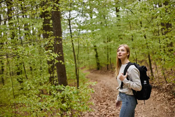 Retrato de una joven viajera rubia haciendo senderismo en un hermoso bosque y de pie en un sendero - foto de stock