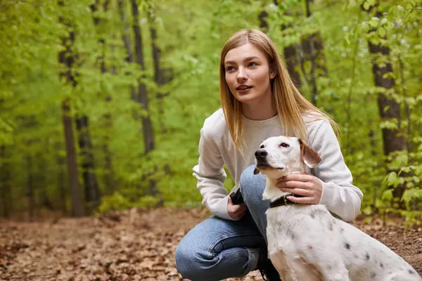 Chica senderista rubia interactuando con su mascota mirando a la dirección mientras que el descanso senderismo con vista al bosque - foto de stock