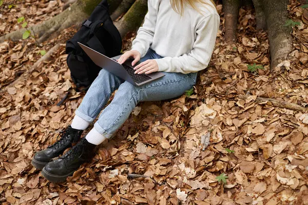 Ausgeschnittene Ansicht einer Wanderin mit Laptop auf den Knien, die ferngesteuert arbeitet, während sie im Wald unterwegs ist — Stockfoto