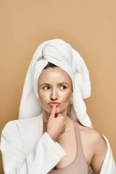 Una mujer exuda belleza natural, envuelta en una toalla en la cabeza, disfrutando de un momento de autocuidado y relajación. - foto de stock