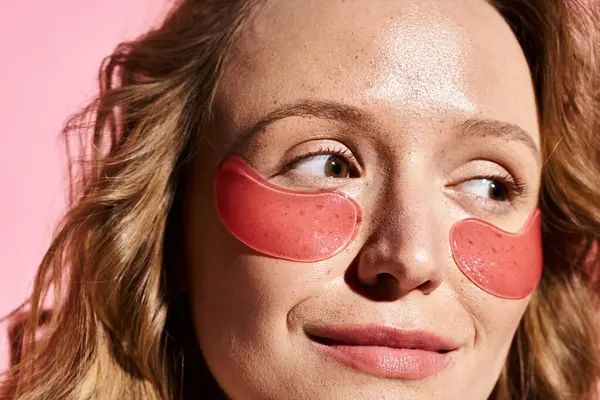 Захватывающая женщина с естественной красотой изящно позирует, нося на лице розовые повязки на глазу. — стоковое фото