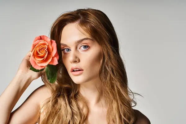 Portrait of attractive woman with blue eyes, holding peachy rose near face on grey background — Stock Photo
