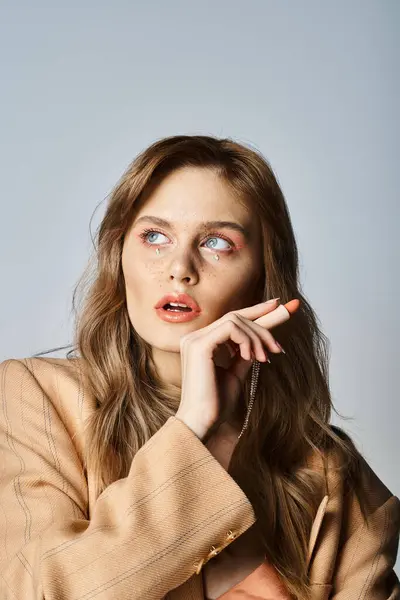 Mulher sexy com jóias de rosto em jaqueta bege, segurando batom de cor de pêssego olhando para longe no estúdio — Fotografia de Stock