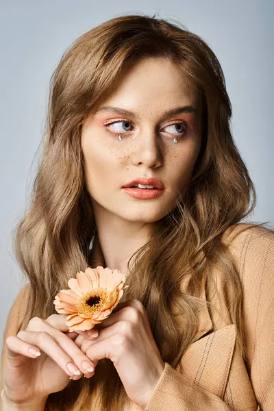Portrait of attractive woman looking away and holding daisy, wearing peach makeup, face jewels — Stock Photo
