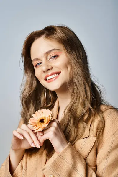 Retrato de mulher sorridente olhando para longe e segurando margarida, usando maquiagem de pêssego e jóias de rosto — Fotografia de Stock