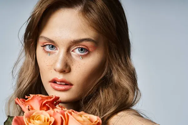 Красива жінка з трояндами біля її обличчя і одягнена в оголений персиковий макіяж і блискучі дорогоцінні камені для обличчя — стокове фото