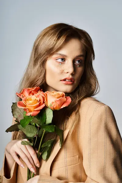 Mujer bonita con rosas cerca de la cara y maquillaje de melocotón desnudo y joyas de la cara, mirando hacia otro lado - foto de stock