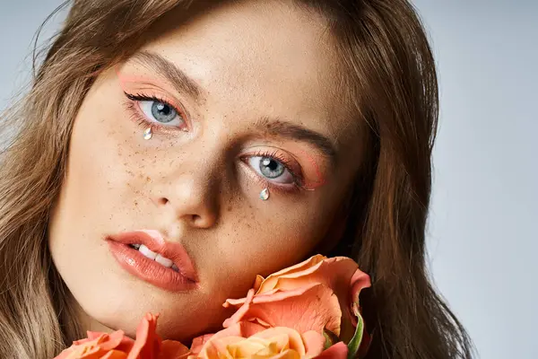 Closeup beauty shot of woman with peach makeup, face jewels and freckles, holding roses near cheek — Stock Photo