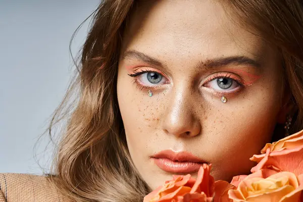 Nahaufnahme einer Frau mit Pfirsich-Make-up, Gesichtsschmuck und Sommersprossen, die Rosen in der Nähe der Wange hält — Stockfoto