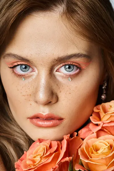 Крупним планом красивий знімок жінки з персиковим макіяжем, обличчям коштовності і веснянки, тримаючи троянди біля щоки — стокове фото