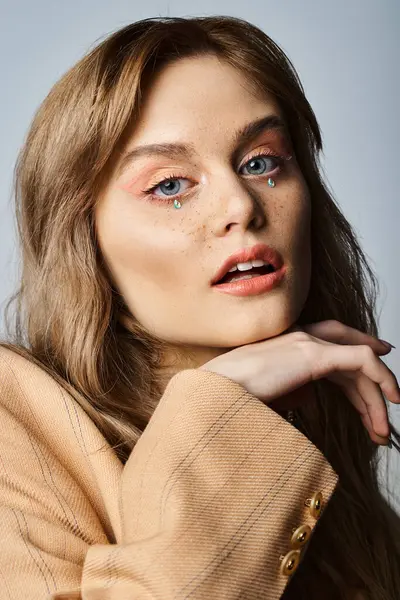 Closeup beauty shot of woman with peach makeup, face jewels and freckles, holding hand near chin — Stock Photo