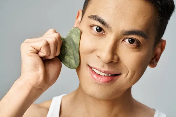 A handsome Asian man holds a green stone to his face in a grey studio, showing his skincare routine. — Stock Photo