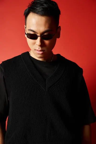 Un hombre asiático elegante y guapo con gafas de sol y un suéter negro sobre un fondo rojo vibrante. - foto de stock