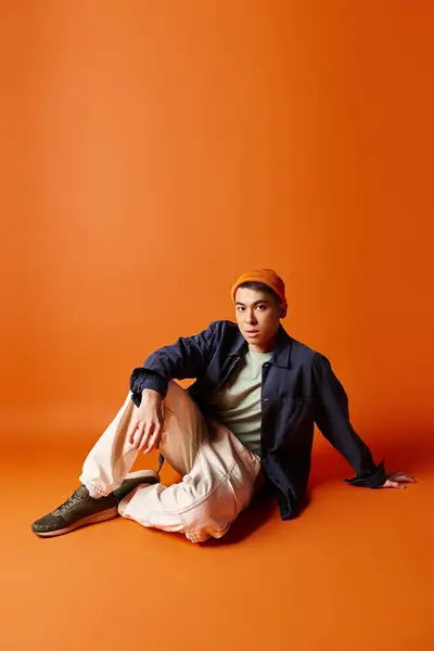 Ein stilvoller asiatischer Mann in stilvoller Kleidung sitzt friedlich auf dem Boden vor orangefarbenem Hintergrund. — Stockfoto