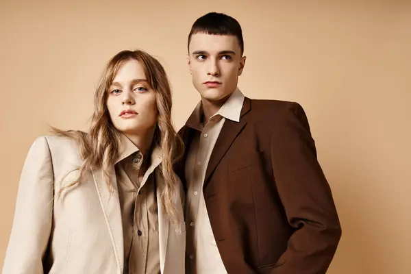 Attraktiver junger Mann im Debonair-Anzug posiert neben seiner schönen Freundin, die in die Kamera schaut — Stockfoto