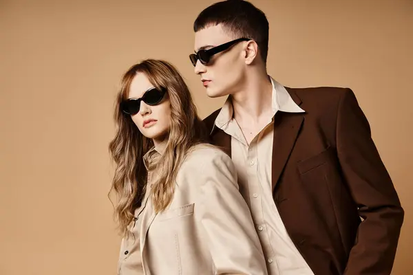 Atractiva pareja elegante en trajes de temporada elegantes con gafas de sol elegantes posando sobre fondo pastel - foto de stock
