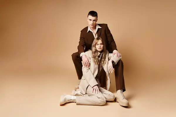 Eleganter Mann im Anzug posiert mit seiner schönen Freundin und blickt vor pastellfarbener Kulisse in die Kamera — Stock Photo