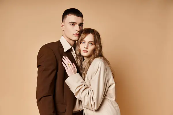 Attraktive junge Frau im eleganten Anzug posiert mit ihrem hübschen Freund und schaut in die Kamera — Stock Photo