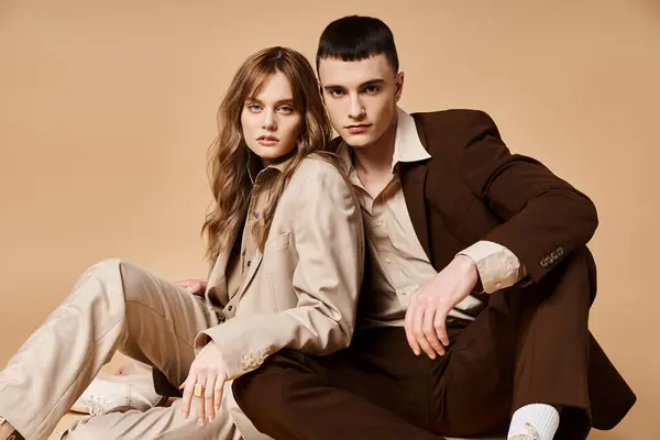 Attraente coppia chic in abiti eleganti seduti sul pavimento e guardando la fotocamera su sfondo pastello — Foto stock