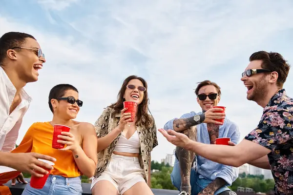 Joyous good looking diverse friends in vibrant attires spending time together at rooftop party — Stock Photo
