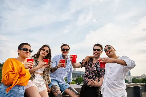 Красивые разнообразные веселые друзья в солнечных очках, держащие красные чашки и улыбающиеся в камеру на крыше — стоковое фото