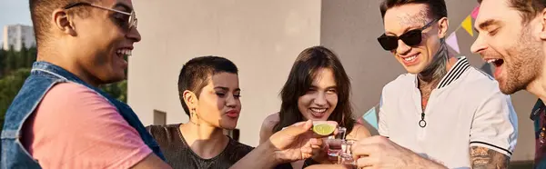 Jolly multicultural friends drinking tequila with fresh lime and salt at rooftop party, banner — Stock Photo