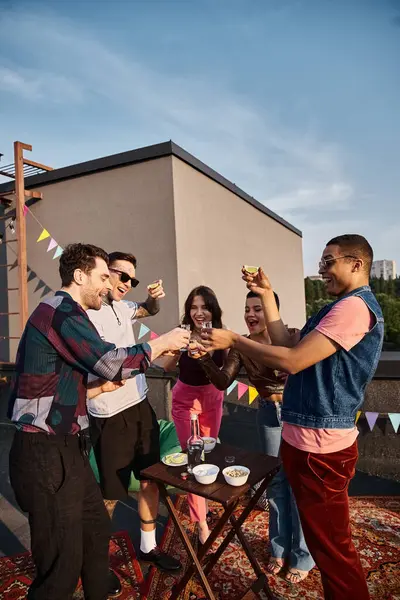 Група радісних мультикультурних друзів, що п'ють текілу зі свіжим лаймом та сіллю на вечірці на даху — стокове фото