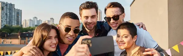 Jolly interracial young friends in casual vibrant attires taking selfies at rooftop party, banner — Stock Photo