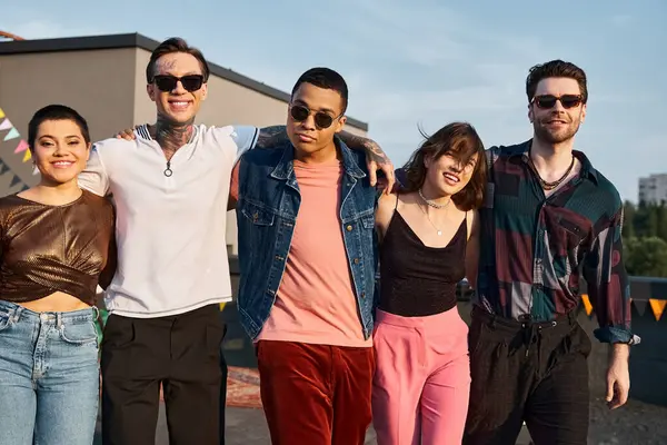 Happy multicultural friends in vibrant outfits with sunglasses having fun and smiling at camera — Stock Photo