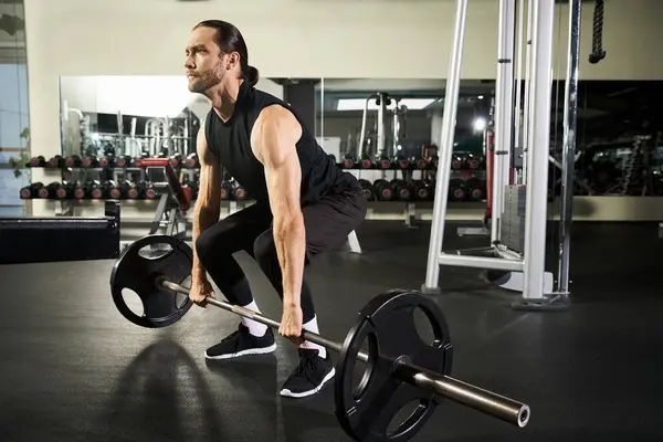 Un homme athlétique portant des vêtements actifs soulève une haltère dans une salle de gym, montrant force et détermination. — Photo de stock