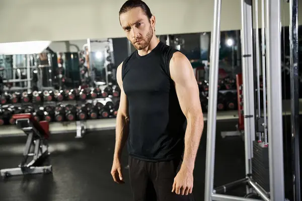 Un uomo atletico in abbigliamento attivo si trova fiducioso di fronte a una macchina da palestra, pronto a lavorare e costruire forza. — Foto stock