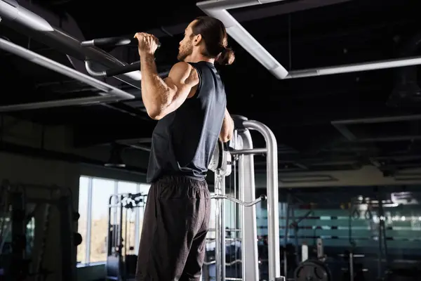 A sportsman in active wear is doing exercises on a pull-up bar in a gym. — Stock Photo