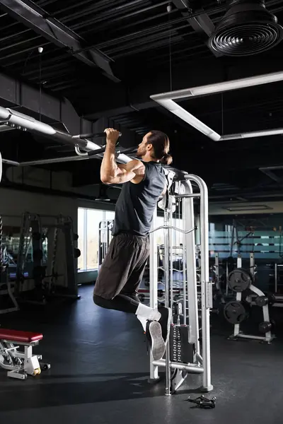 Un homme athlétique en tenue active faisant un pull up sur une machine dans un gymnase. — Photo de stock