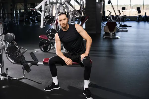 Un homme sportif en tenue active assis sur un banc de gym, prenant un moment pour réfléchir à son voyage de remise en forme. — Photo de stock