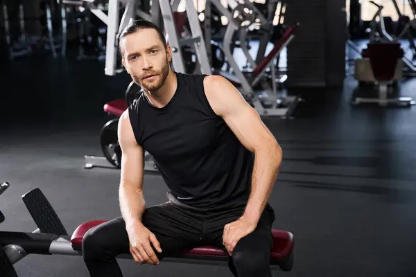 Ein fokussierter Mann in sportlicher Kleidung sitzt nach einer intensiven Trainingseinheit tief in Gedanken auf einer Gymnastikbank.. — Stockfoto