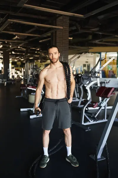 Un hombre musculoso sin camisa, de pie en un gimnasio, mostrando su dedicación al fitness y el entrenamiento de fuerza. - foto de stock