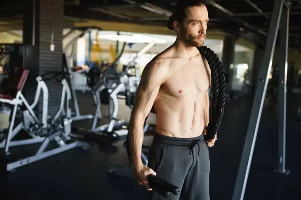 Un hombre musculoso está de pie con confianza en un gimnasio, centrado en su rutina de ejercicios, mostrando su dedicación a la construcción de fuerza. - foto de stock