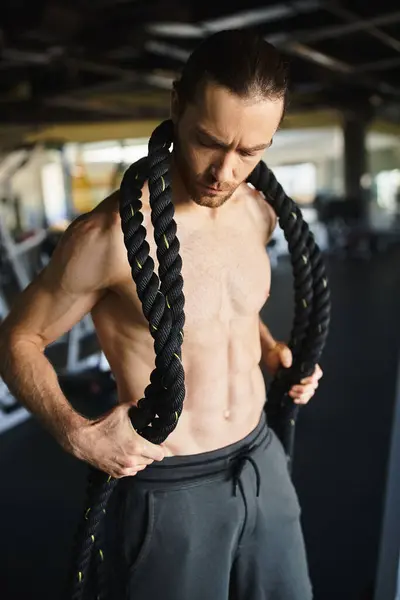 Un hombre musculoso sin camisa sosteniendo una cuerda alrededor de su cuello y cuerpo mientras hace ejercicio en un gimnasio. - foto de stock