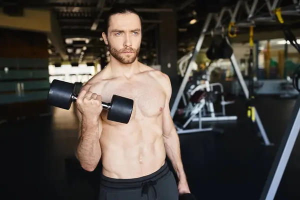 Un hombre sin camisa mostrando su inmensa fuerza, sosteniendo dos pesas, en la intensa atmósfera de un gimnasio. - foto de stock