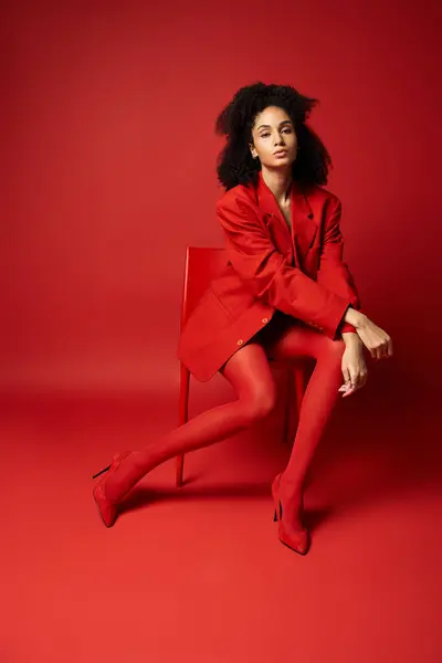 Uma jovem mulher em um terno vermelho senta-se graciosamente em uma cadeira contra um cenário de estúdio vibrante. — Fotografia de Stock