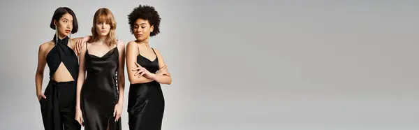 Un grupo de mujeres hermosas y elegantes de diferentes etnias que se unen en un estudio sobre un fondo gris. - foto de stock