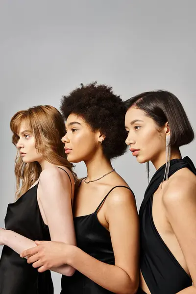 A diverse group of elegant women of different ethnicities standing together in harmony against a grey studio background. — Stock Photo