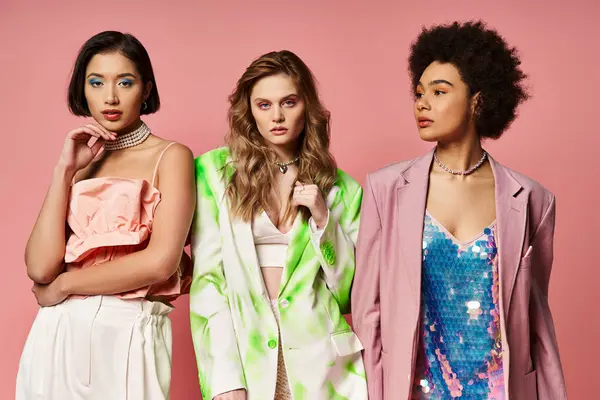 Um grupo de mulheres bonitas de diferentes etnias de pé elegantemente em uma fileira contra um fundo de estúdio rosa. — Fotografia de Stock