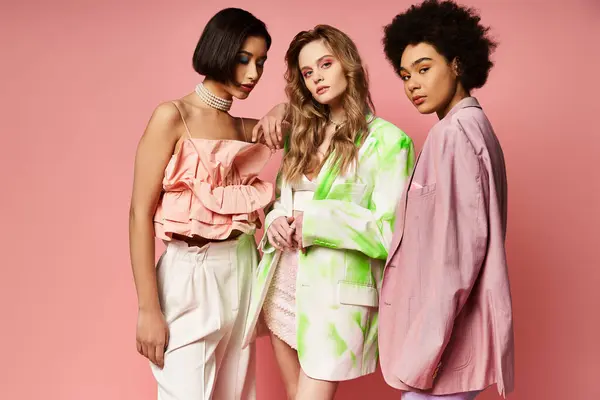Un groupe diversifié de trois femmes debout ensemble, représentant le multiculturalisme et la beauté, sur fond de studio rose. — Photo de stock