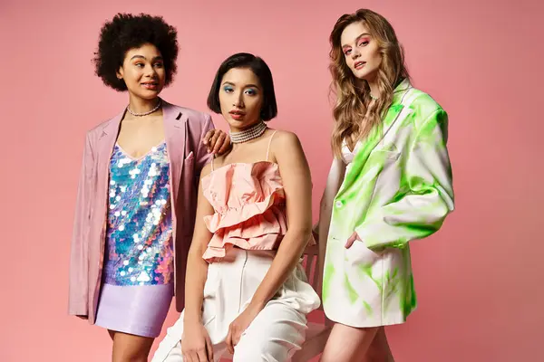 Tres mujeres de diferentes etnias se unen contra un fondo de estudio rosa, mostrando belleza en el multiculturalismo. - foto de stock
